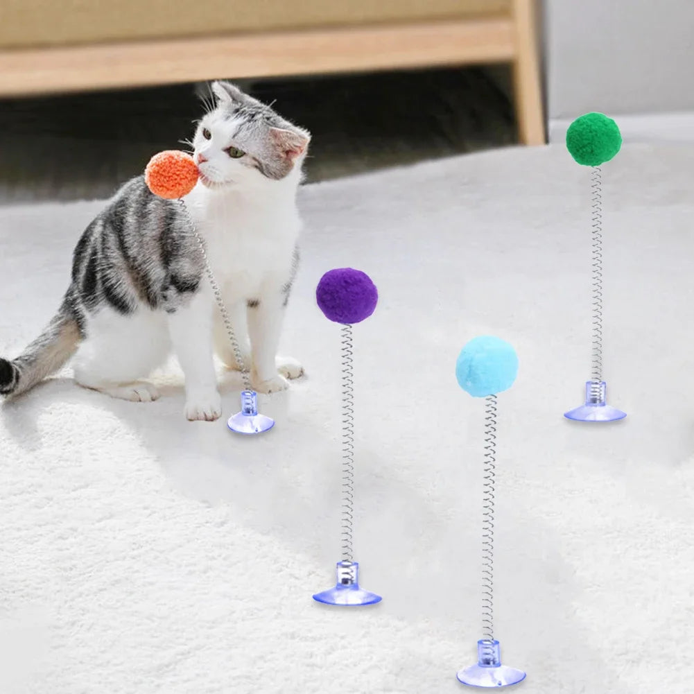1Pc Fur Ball Spring Cat Toy Suction Cup Multicolored Teaser Wand Pet Interactive Toys Cat Scratcher Toys Supplies Random Color